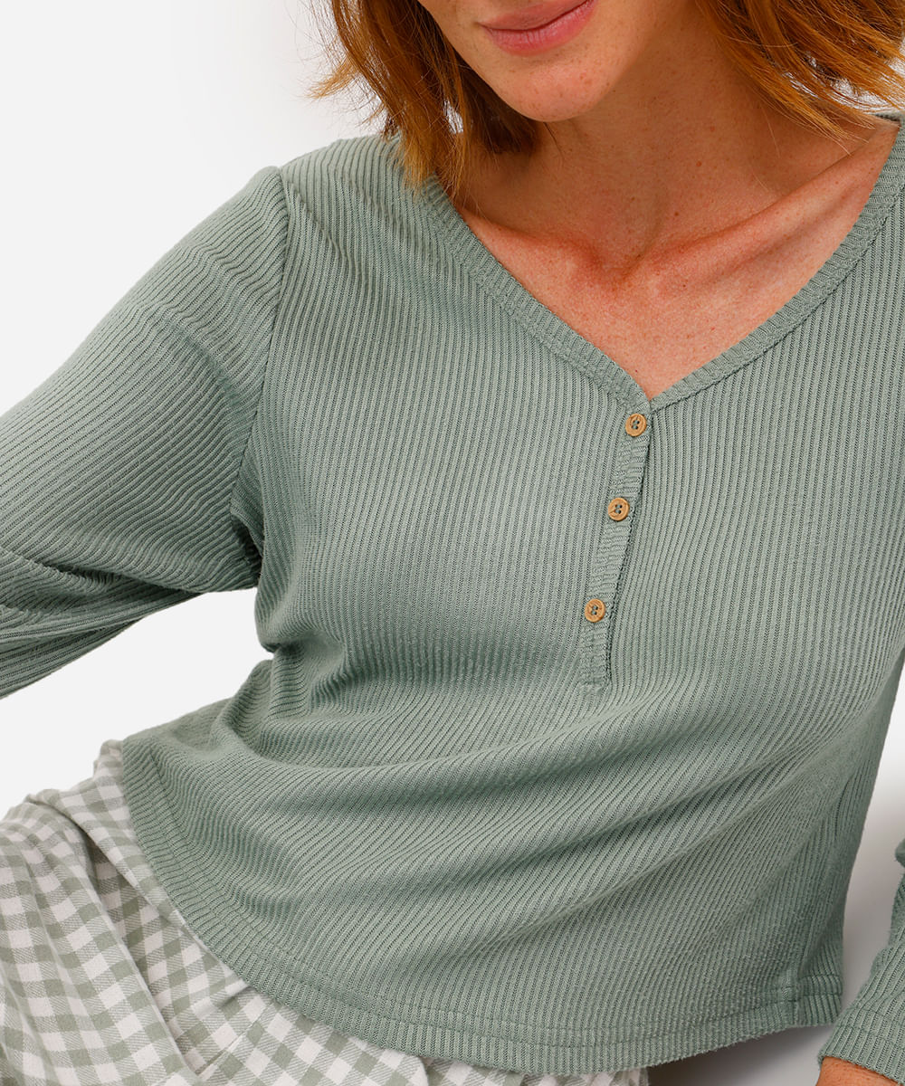 pijama longo feminino xadrez verde