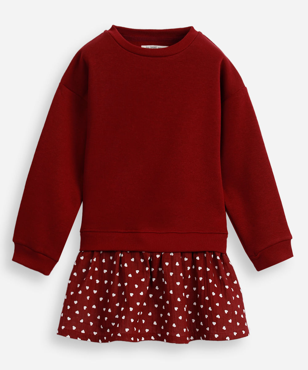 vestido de moletom infantil com mini corações vinho