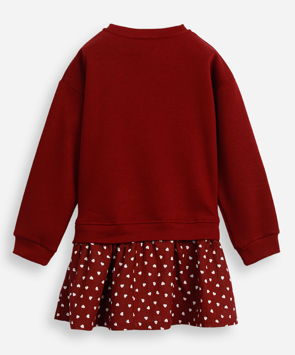 vestido de moletom infantil com mini corações vinho