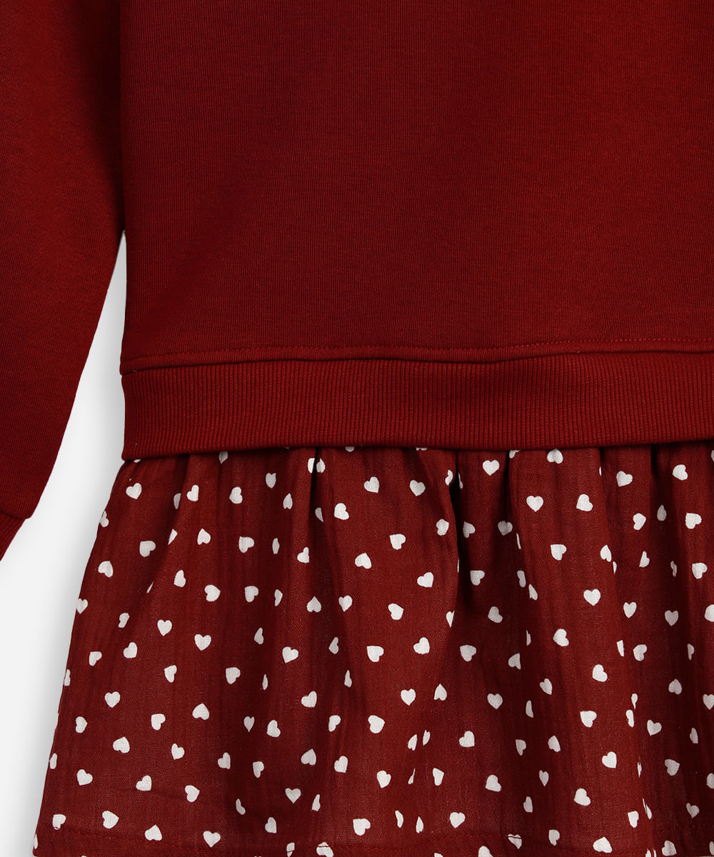 vestido de moletom infantil com mini corações vinho