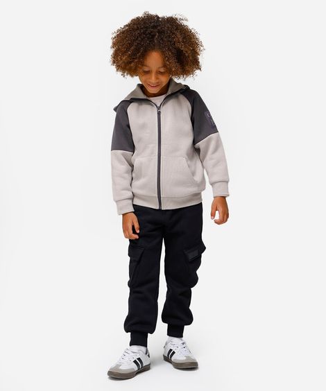 jaqueta infantil de moletom com capuz e bolso bicolor cinza
