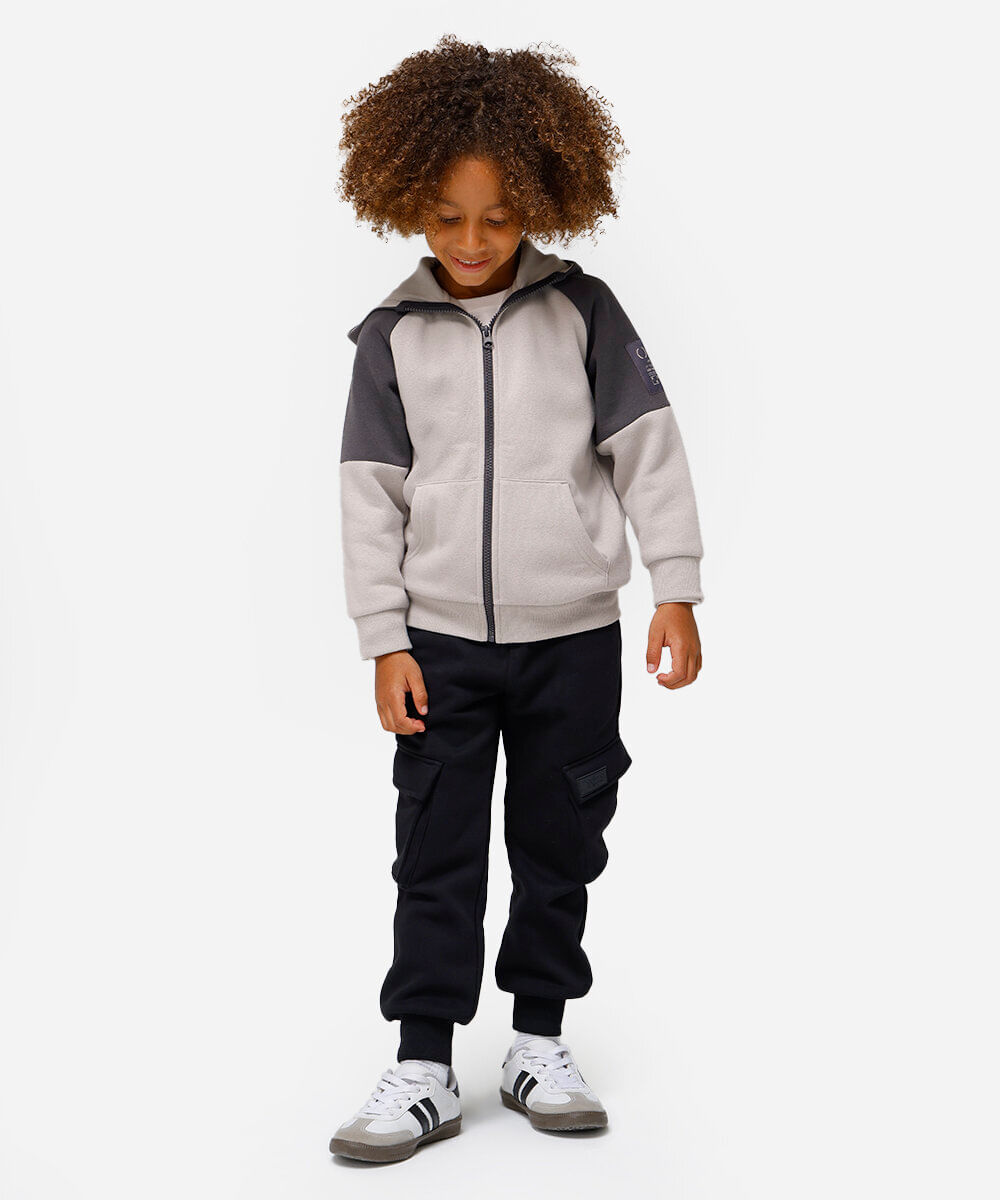 jaqueta infantil de moletom com capuz e bolso bicolor cinza