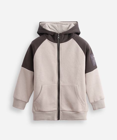 jaqueta infantil de moletom com capuz e bolso bicolor cinza