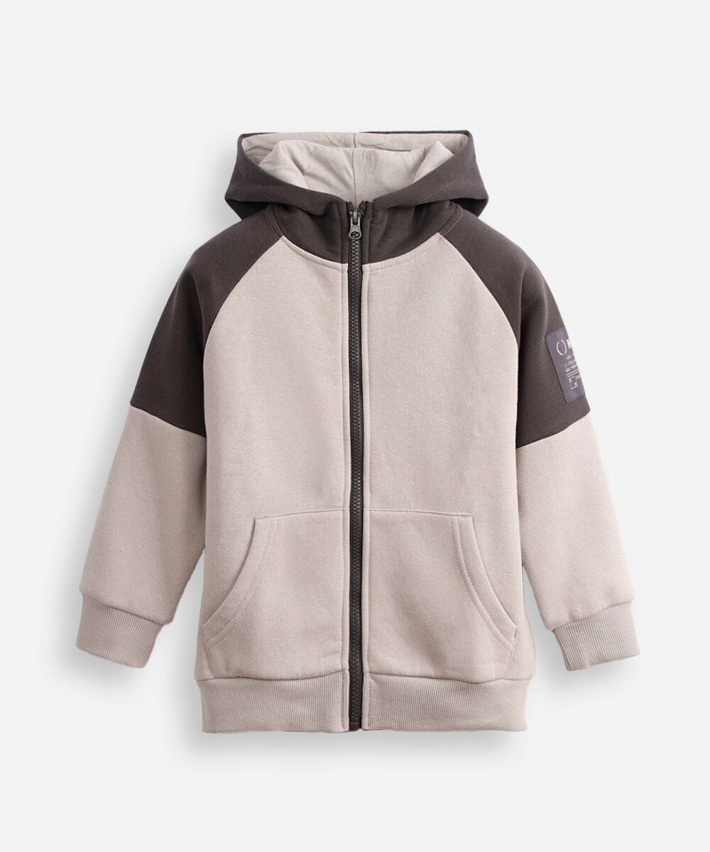 jaqueta infantil de moletom com capuz e bolso bicolor cinza