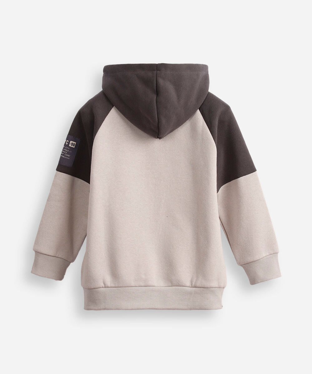 jaqueta infantil de moletom com capuz e bolso bicolor cinza