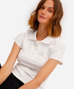 polo básica feminina de algodão manga curta canelada off white