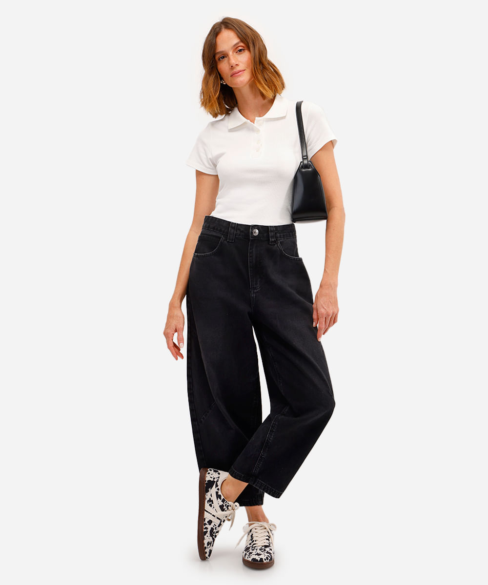 polo básica feminina de algodão manga curta canelada off white