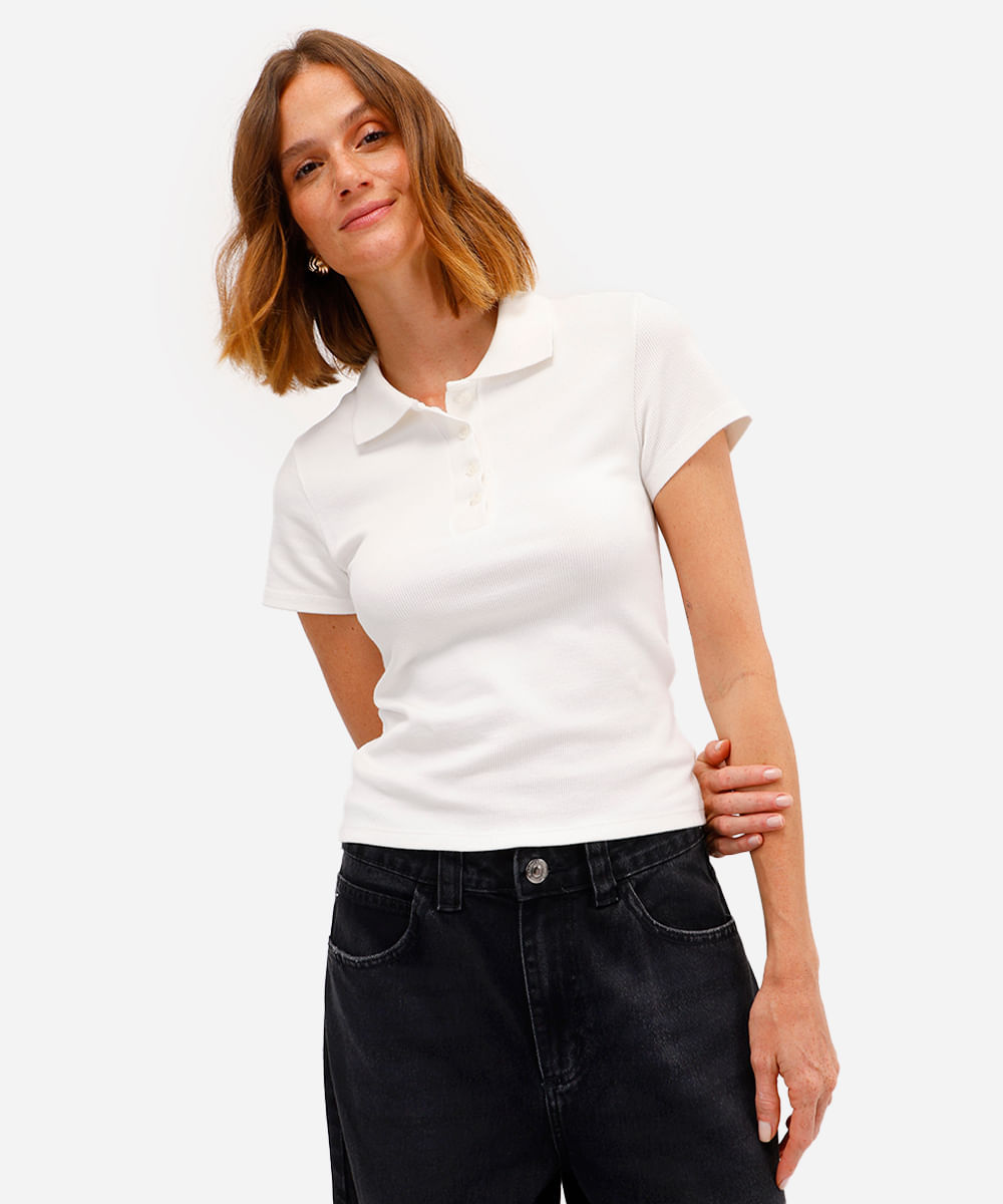 polo básica feminina de algodão manga curta canelada off white