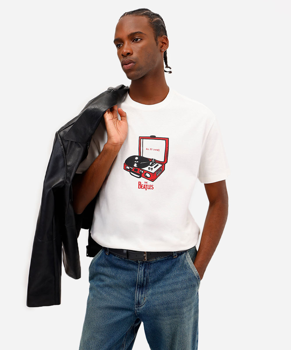 camiseta unissex de algodão vitrola the beatles off white