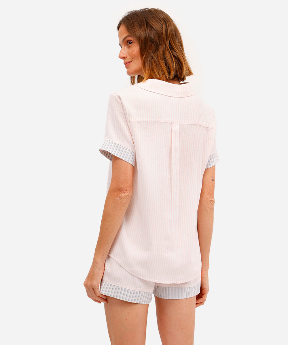 pijama feminino flanelado curto listrado rosa