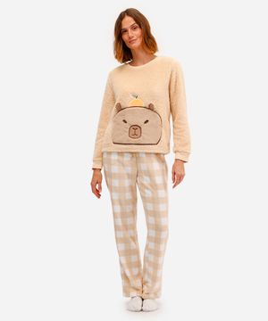 pijama longo feminino fleece capivara vichy bege