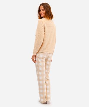 pijama longo feminino fleece capivara vichy bege