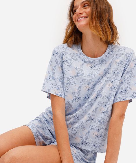 pijama short doll feminino stitch azul