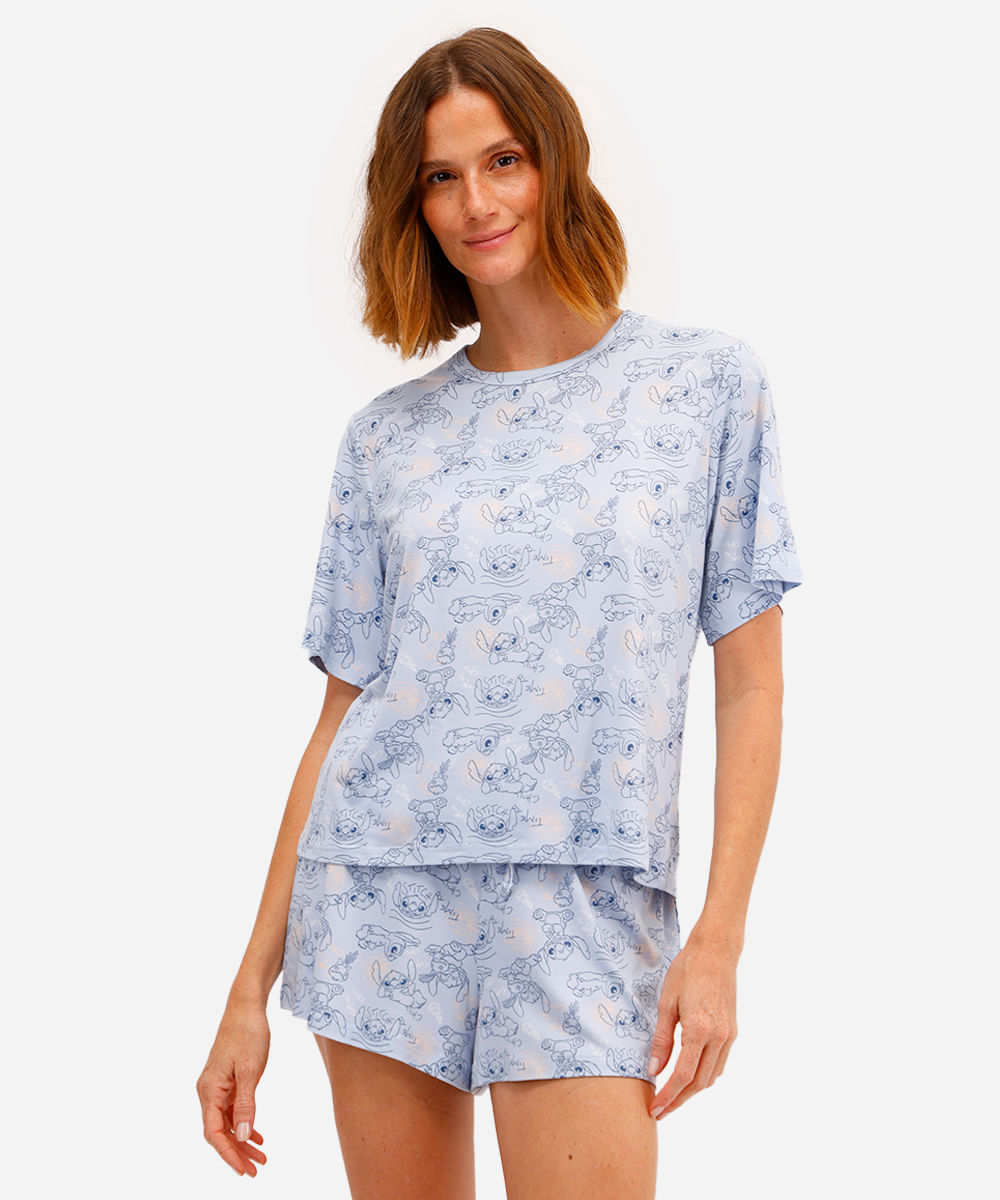 pijama short doll feminino stitch azul