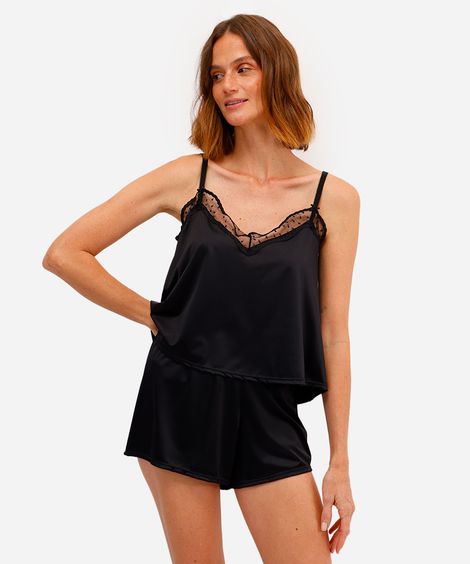 pijama short doll feminino acetinado com renda preta