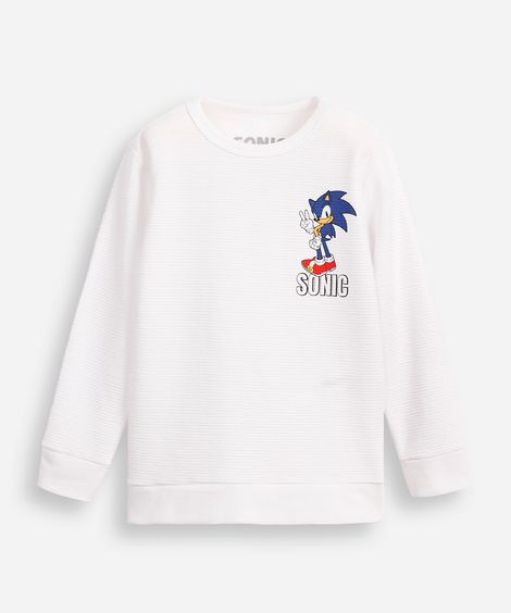 blusa de algodão texturizada infantil manga longa sonic branca