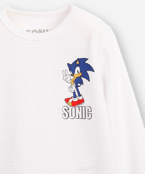 blusa de algodão texturizada infantil manga longa sonic branca