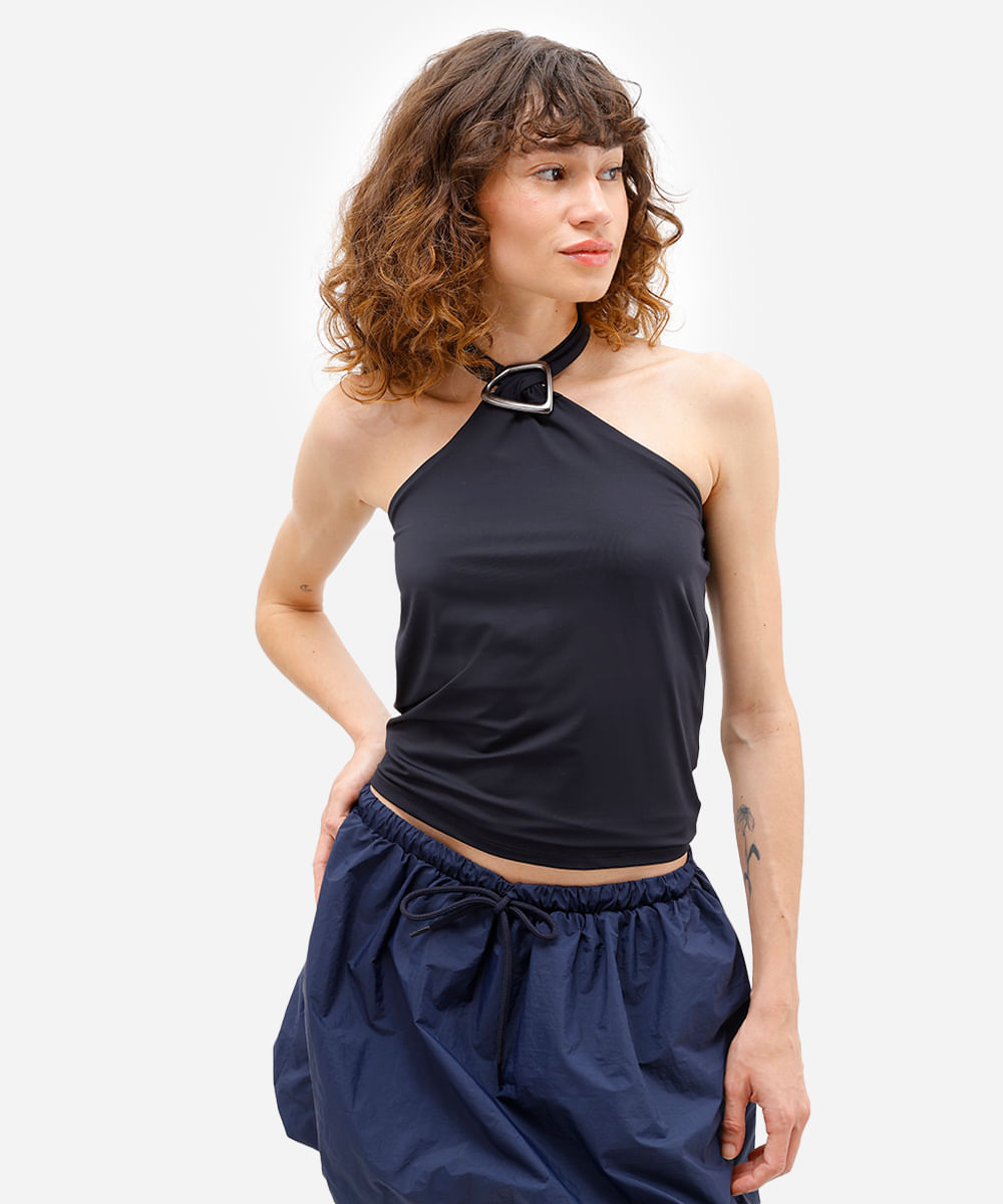 regata halterneck de poliamida com fivela preta