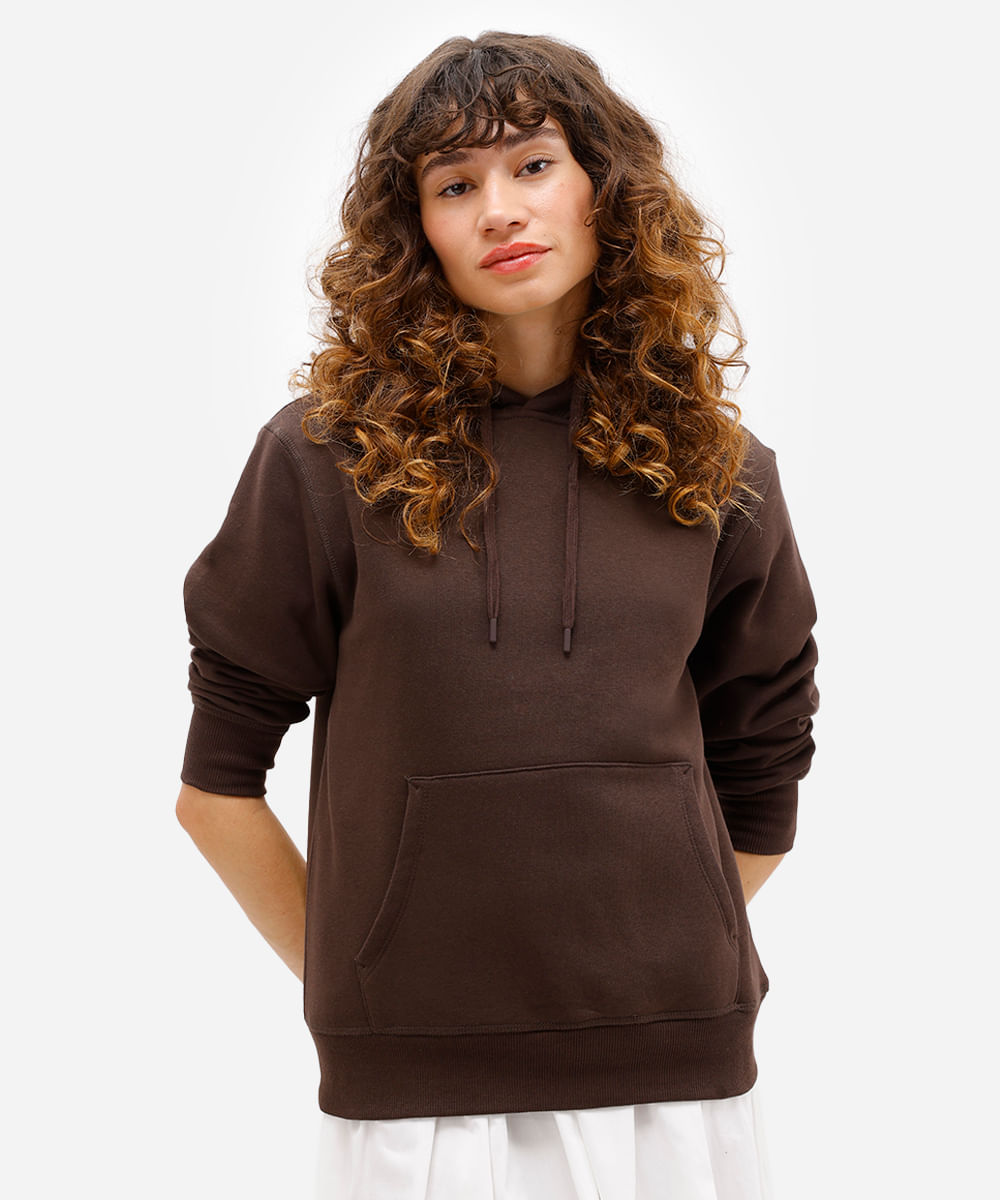blusão básico feminino de moletom com capuz marrom