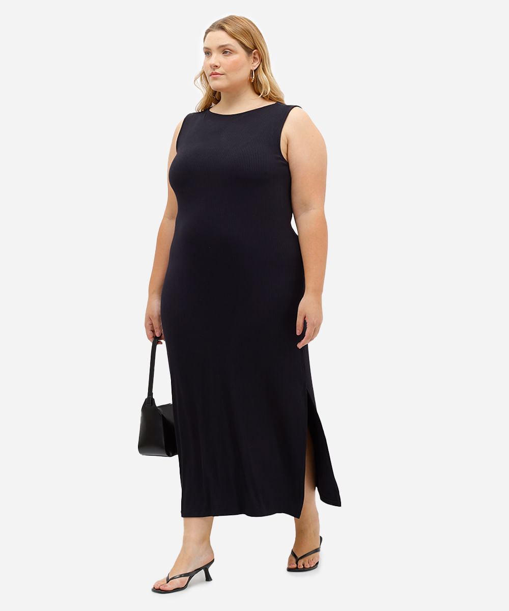vestido midi feminino decote canoa canelado plus size preto