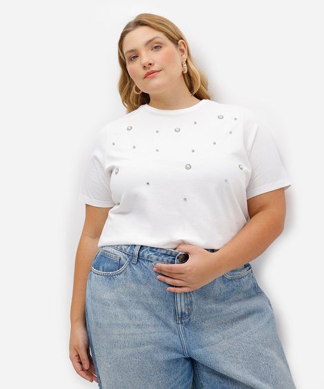 camiseta de algodão manga curta com bordados plus size - off white