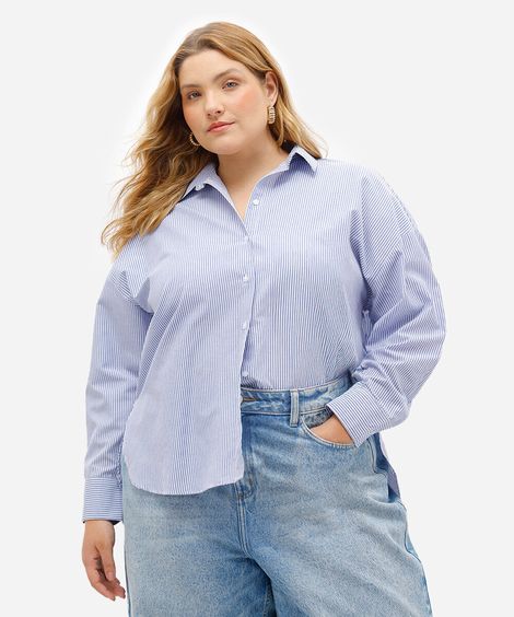 camisa feminina de algodão oversized plus size listrada azul