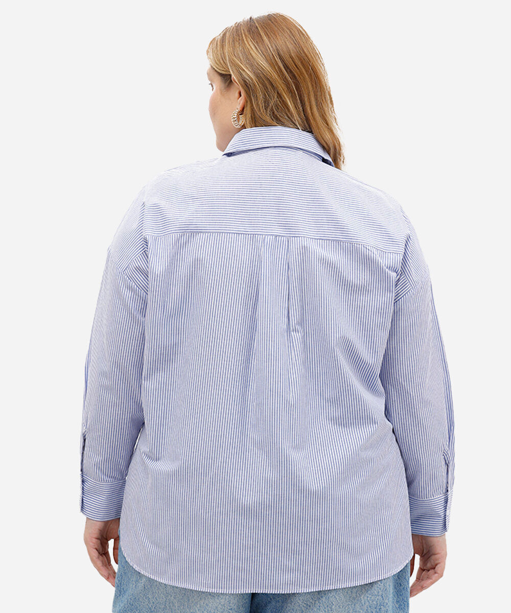 camisa feminina de algodão oversized plus size listrada azul
