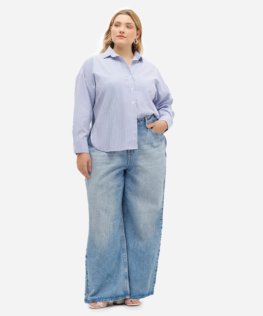 camisa feminina de algodão oversized plus size listrada azul