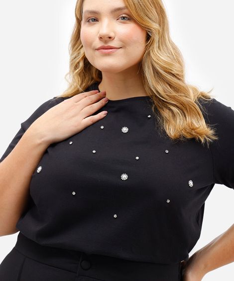 camiseta de algodão manga curta com bordados plus size preta