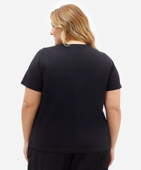 camiseta de algodão manga curta com bordados plus size preta