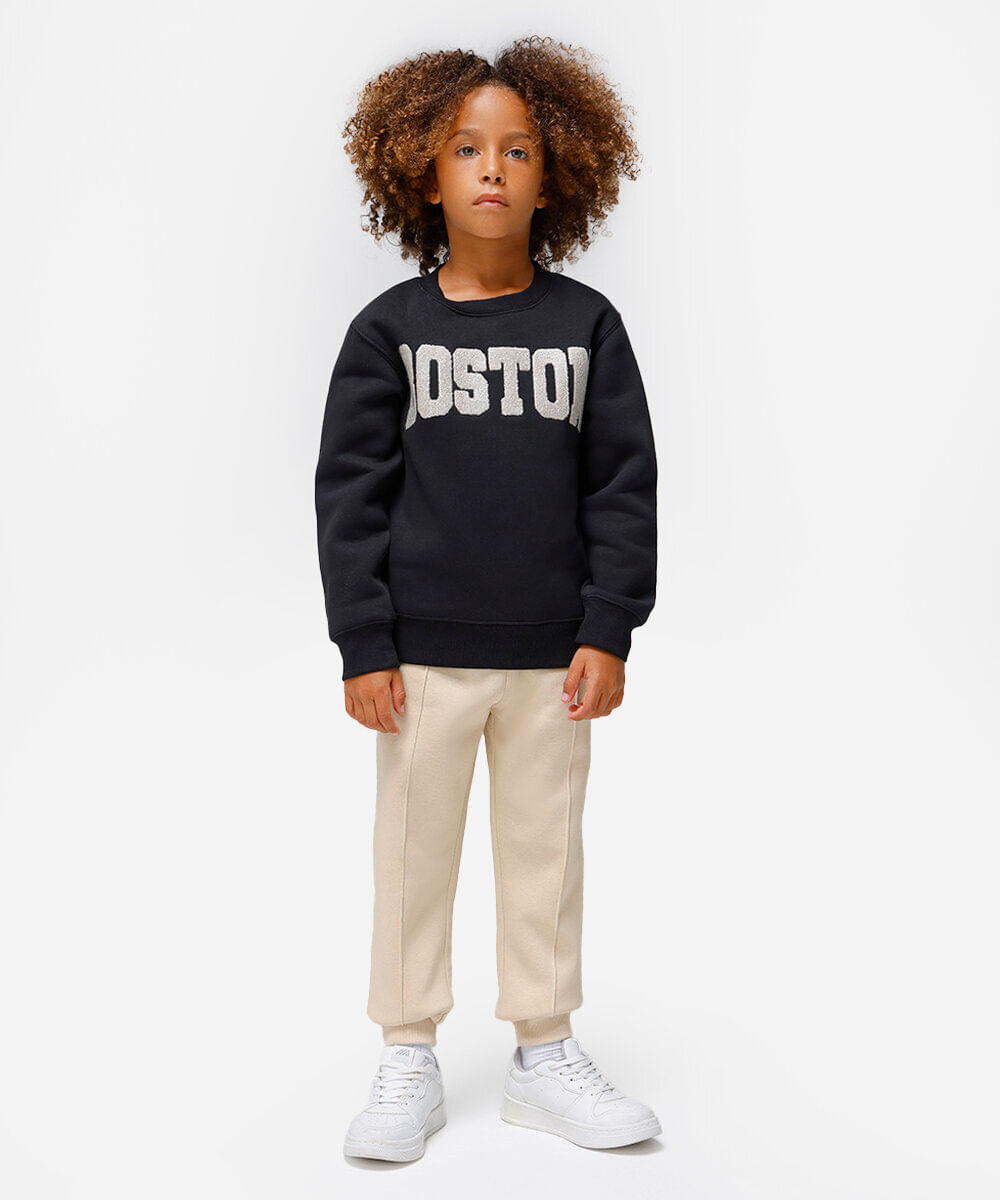 blusão infantil de moletom felpado oversized boston preto