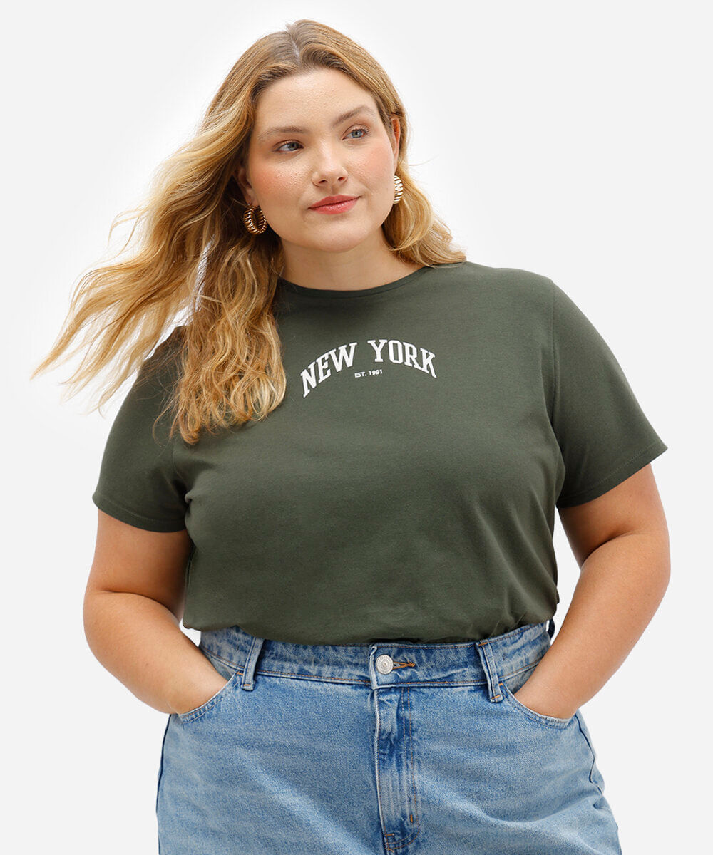 camiseta feminina de algodão new york plus size verde