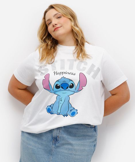 camiseta de algodão manga curta stitch plus size off white