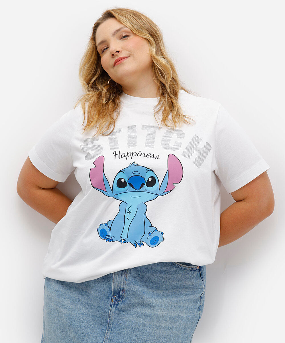 camiseta de algodão manga curta stitch plus size off white