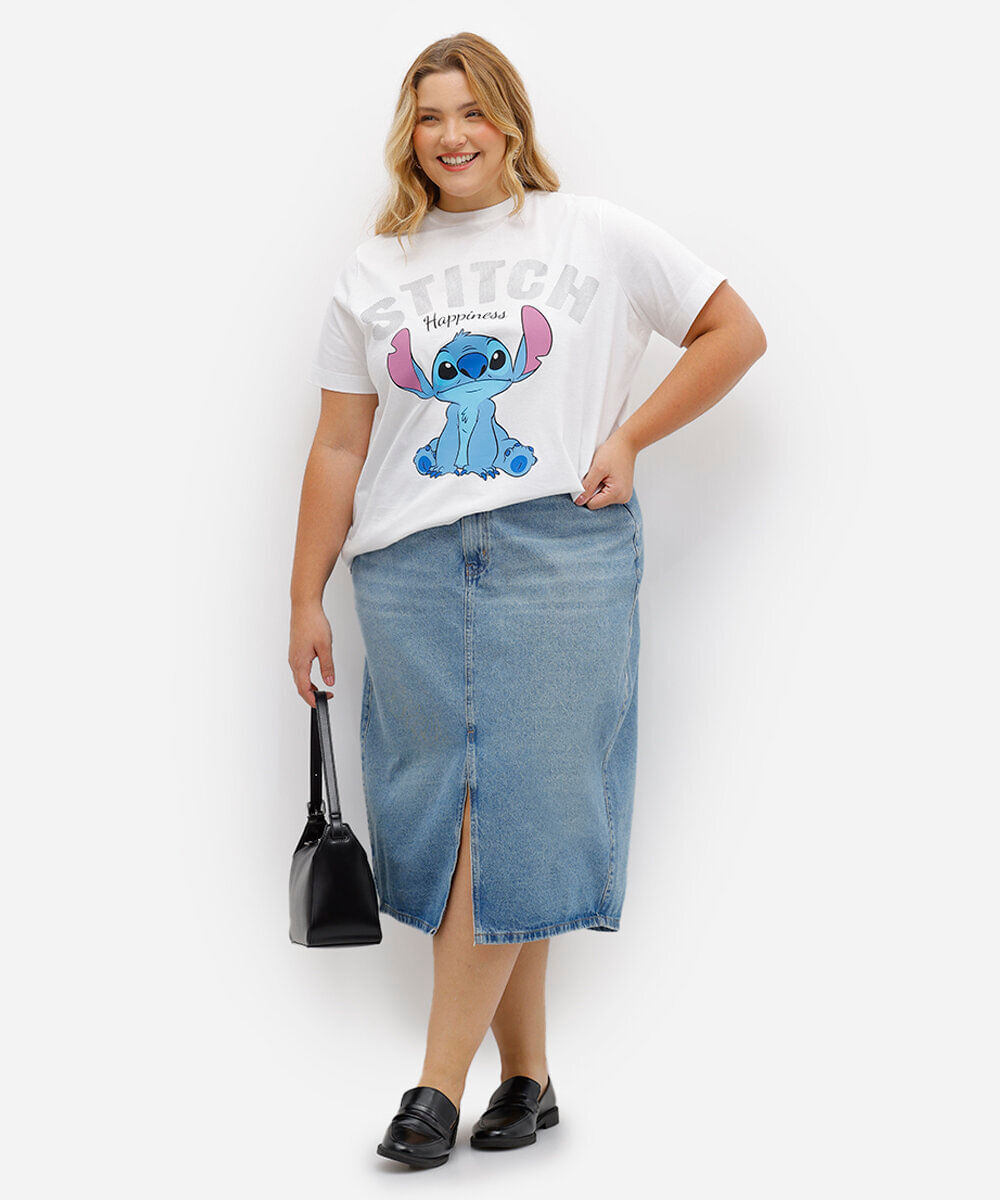 camiseta de algodão manga curta stitch plus size off white