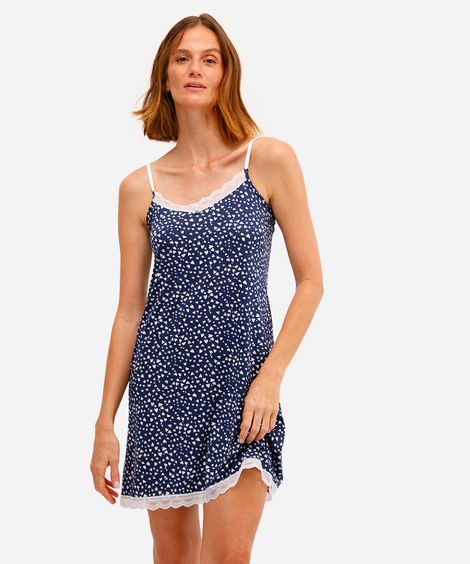 camisola feminina alça fina corações com renda azul
