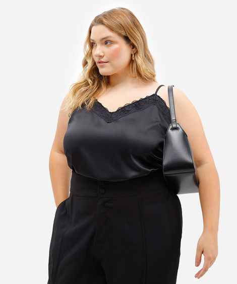 regata feminina acetinada com renda plus size preta