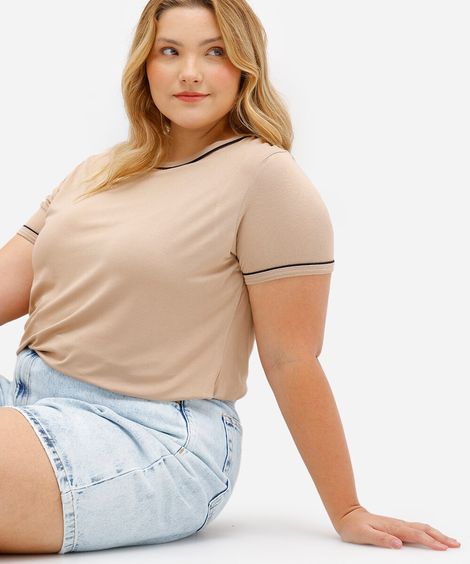 blusa feminina de viscose manga curta plus size bege