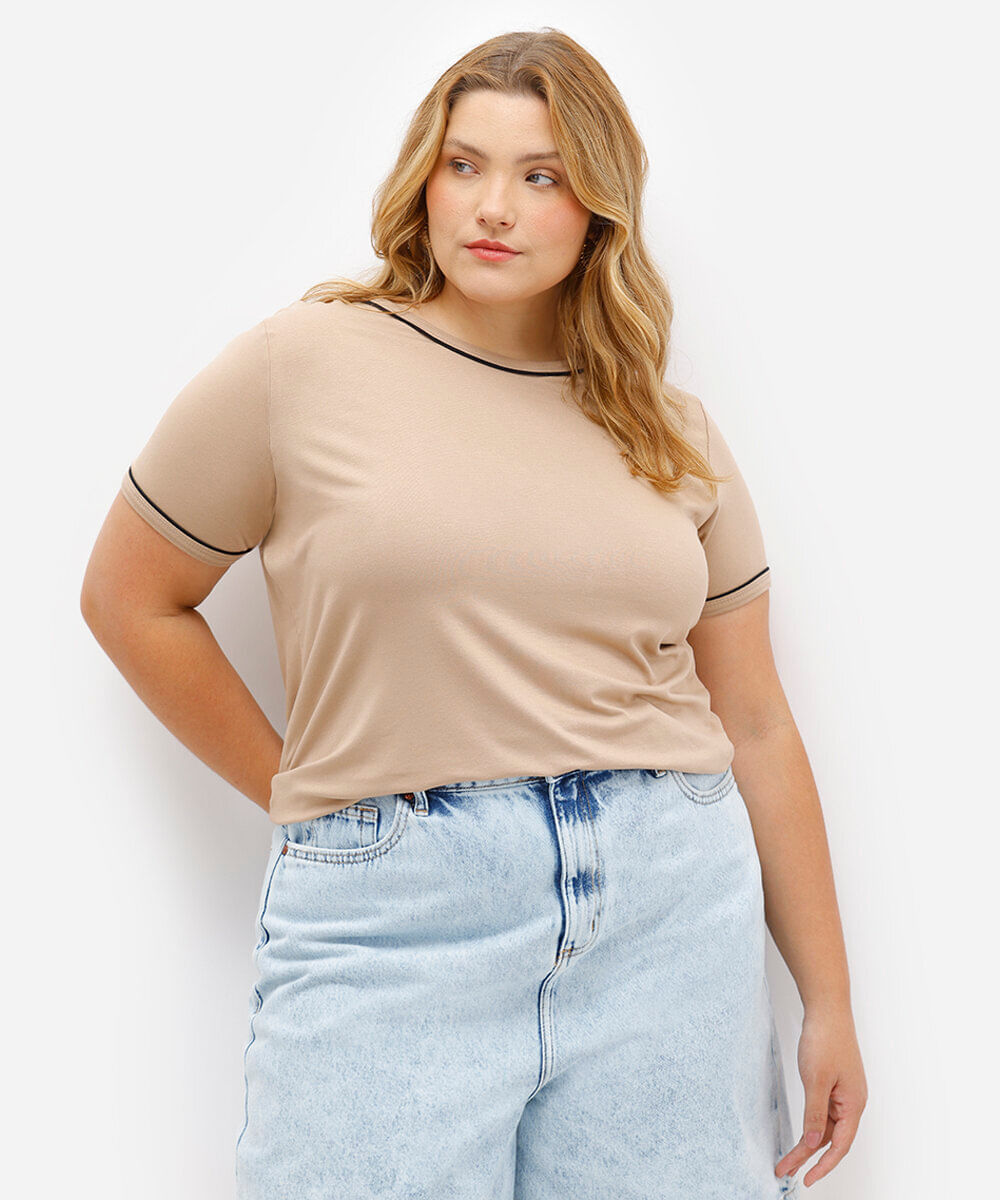blusa feminina de viscose manga curta plus size bege