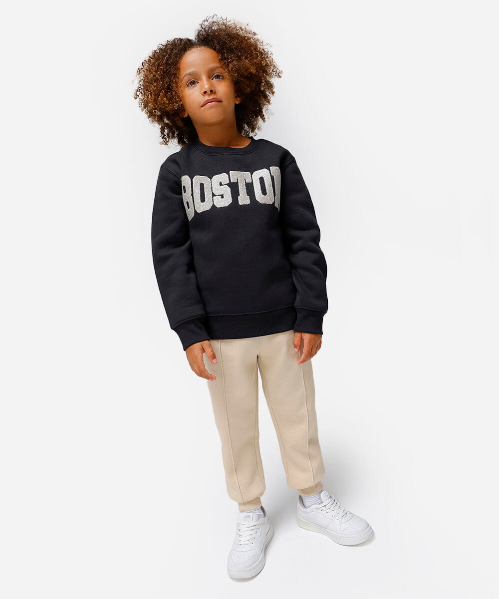 calça jogger infantil de moletom com nervura bege