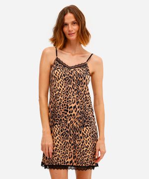 camisola feminina alça fina animal print com renda marrom