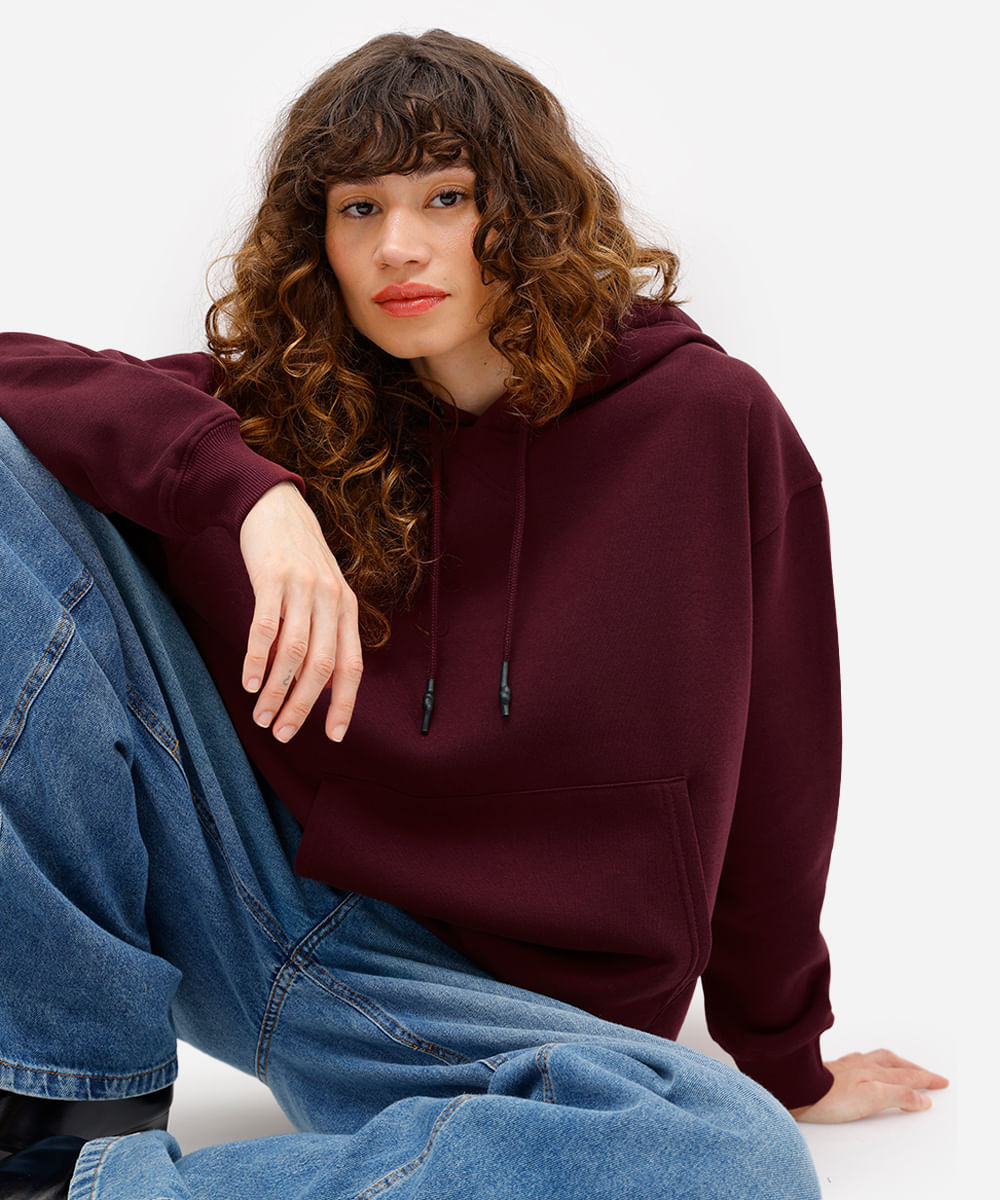 blusão feminino de moletom felpado com capuz vinho
