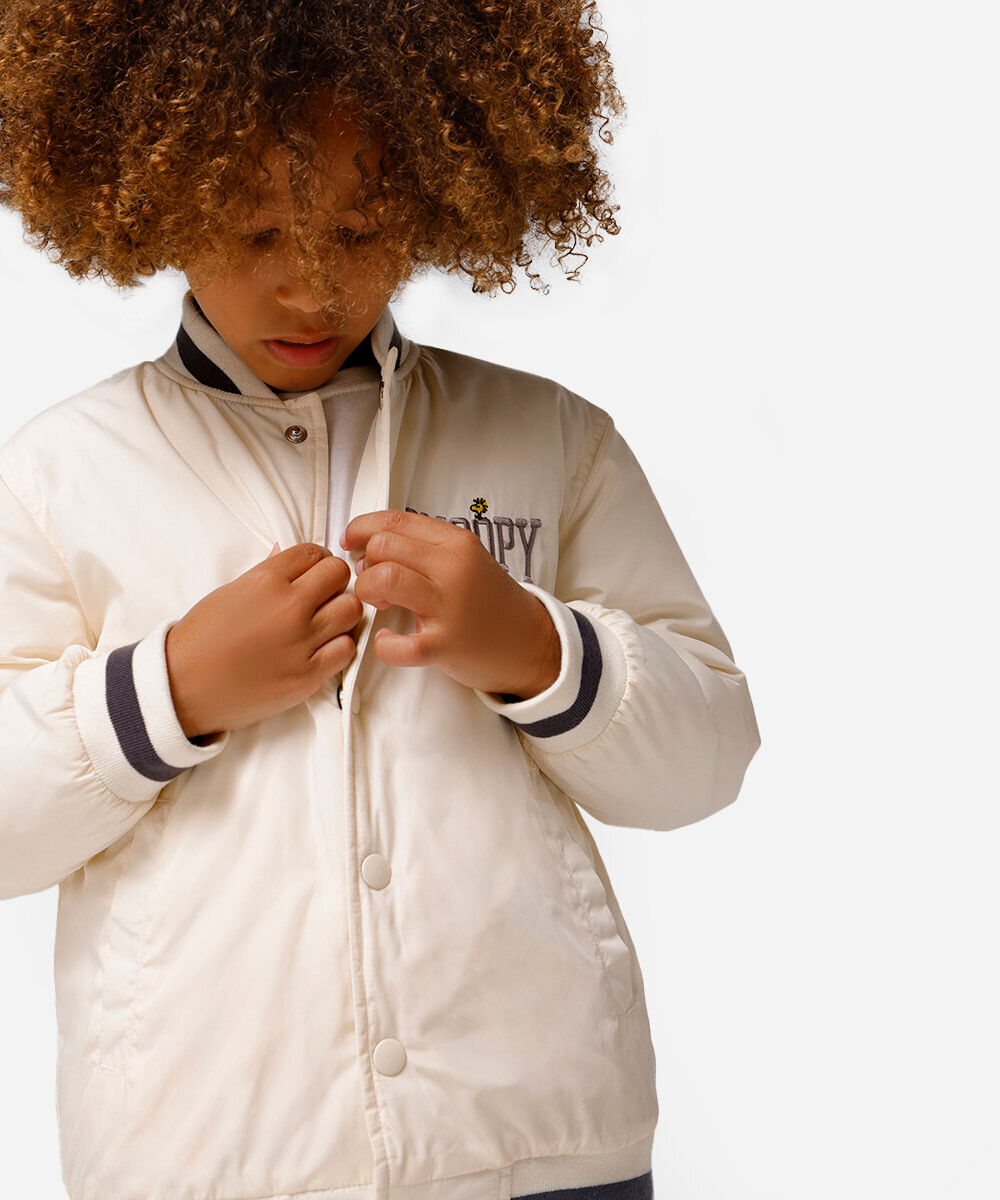 jaqueta bomber infantil puffer snoopy bege