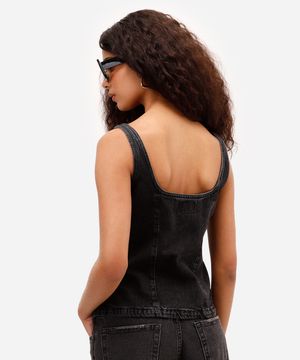 blusa feminina jeans decote quadrado preta