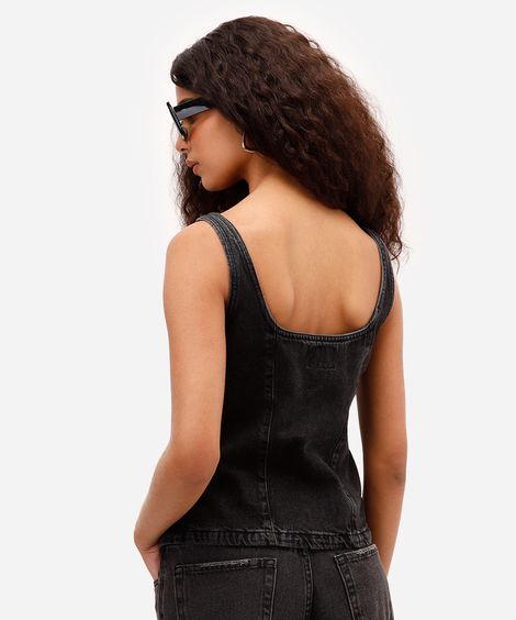 blusa feminina jeans decote quadrado preta