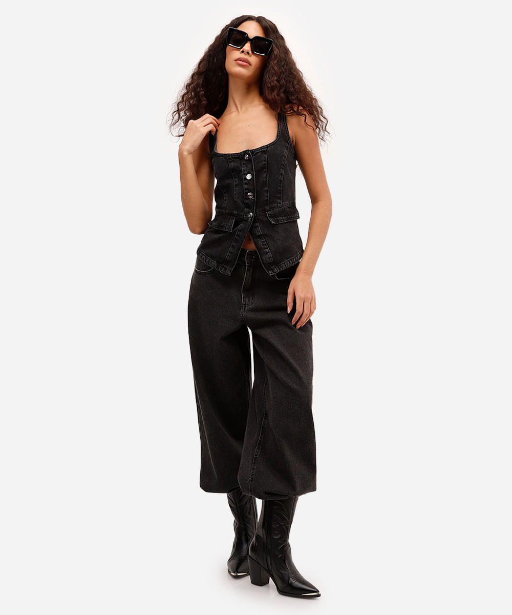 blusa feminina jeans decote quadrado preta