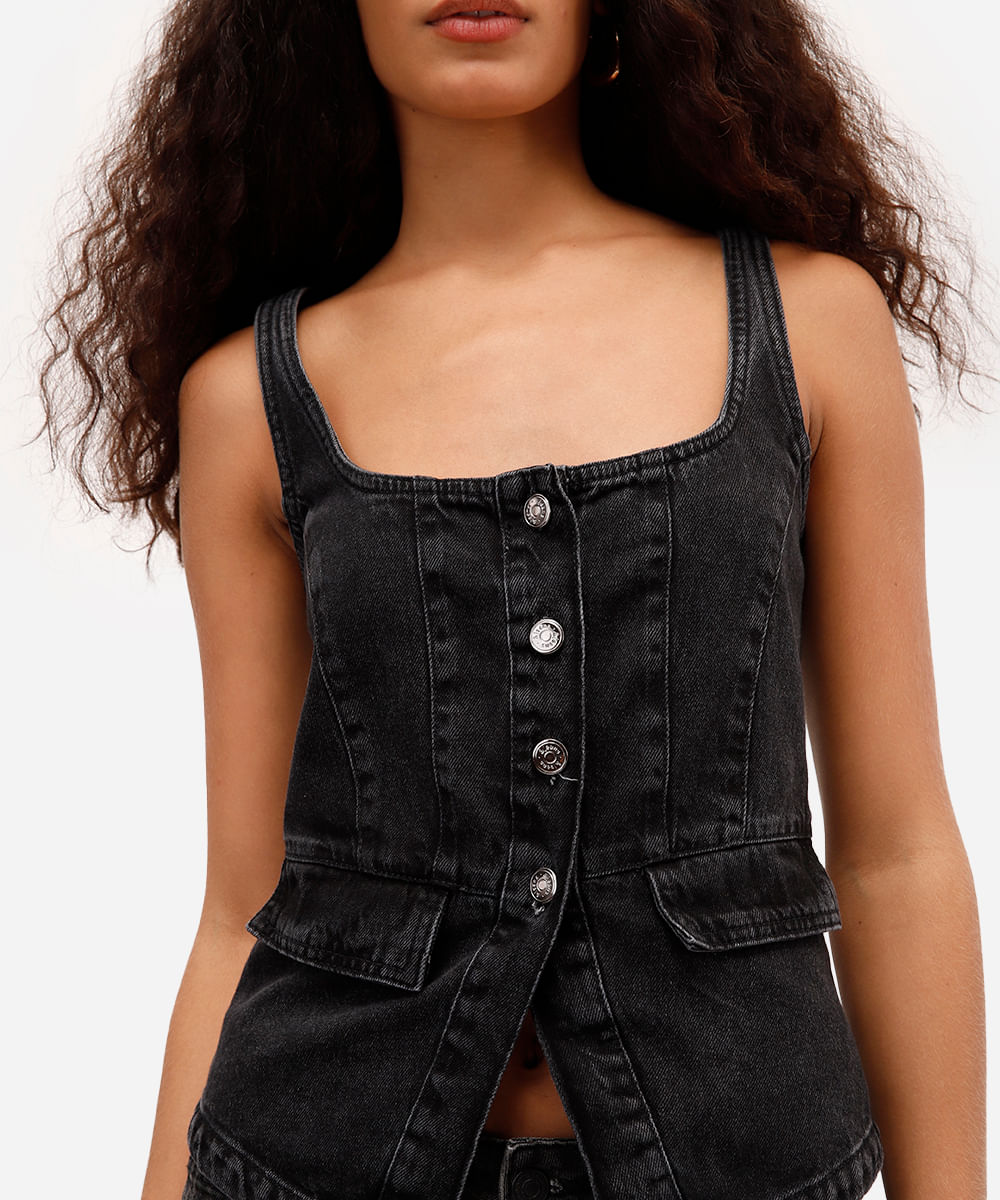 blusa feminina jeans decote quadrado preta