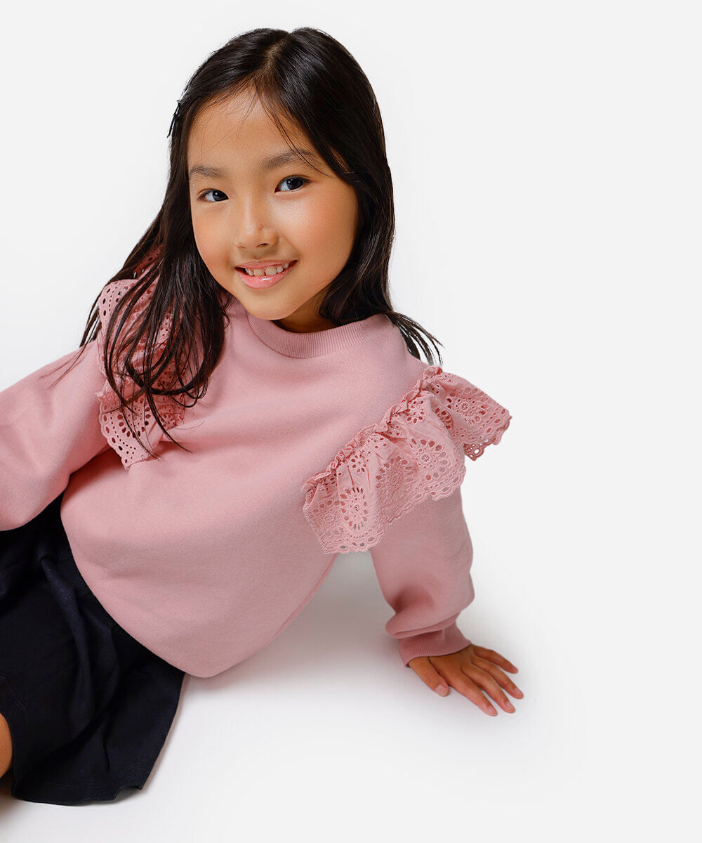 blusão de moletom infantil babado de laise rosa