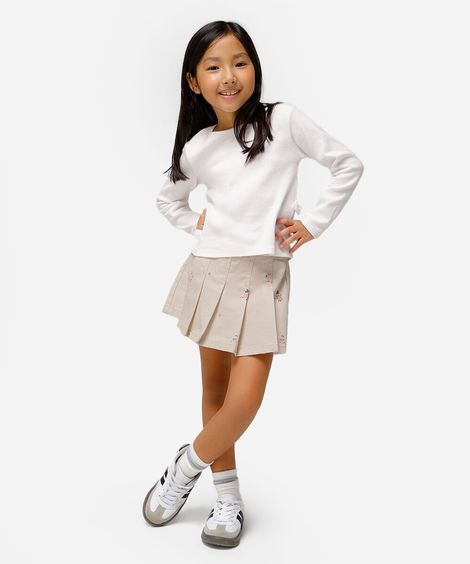 blusa de algodão infantil manga longa com lacinho off white