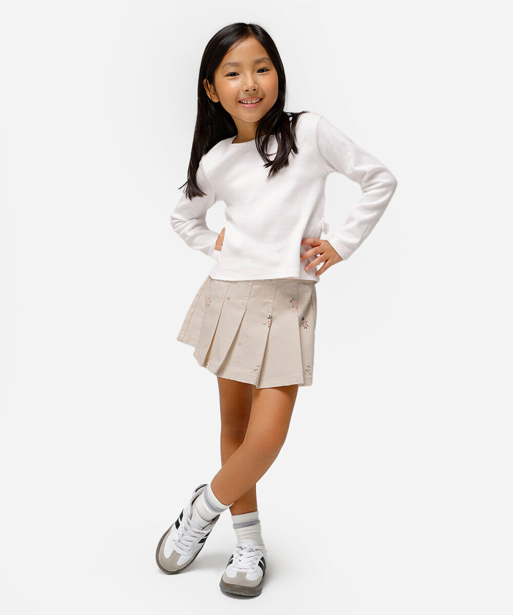 blusa de algodão infantil manga longa com lacinho off white